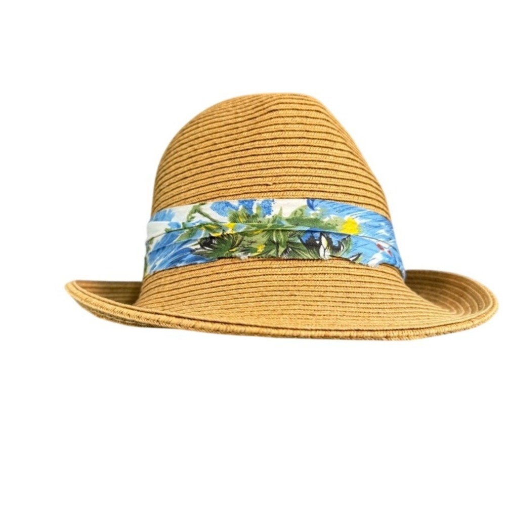 Rima Beach World Straw Fedora Hat Tan Tropical Print Band OS R-200